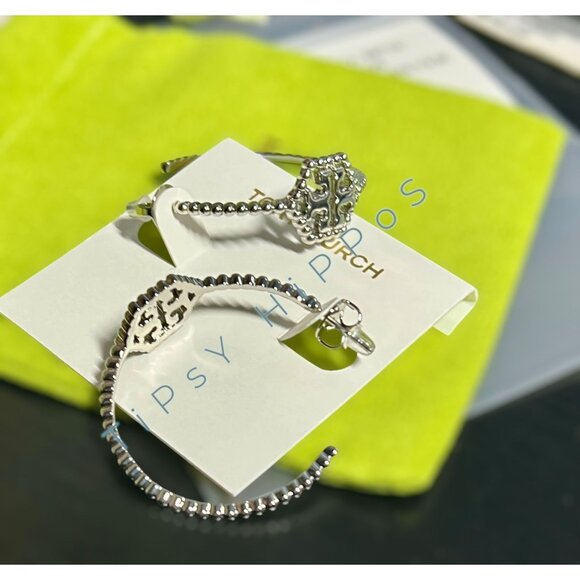 Tory Burch Silver Hexagon Logo Hoop Earrings - Picture 6 of 6